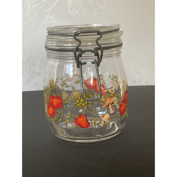 Vintage Triomphe France Glass Jar With Veggie Motif & Metal Clamp Lid - Picture 1 of 7